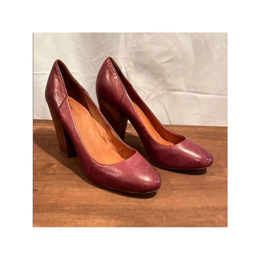 Madewell Burgundy Distressed Leather Block Heels Frankie Pumps size 10